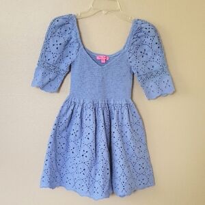 Betsey Johnson Juniors Blue Smocked Eyelet Embroidered Babydoll Dress - Size M